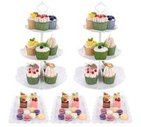 ASelected 5 Pcs 3 Tier Large Cupcake Stand, White Round and Square Cake Display Stand Plastic Cake Stand Afternoon Tea Stands Reusable Food Serving Platter Stand for Birthday, Wedding, Party