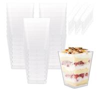 ASelected 50 pcs Dessert Cup with 50 pcs Spoons 5 OZ /160ML Dessert Glasses Plastic Dessert Glasses DIY Dessert Bowls Reusable Trapezoid Cups for Home Desserts Pudding Mousse ice Cream Party
