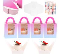 ASelected 50 Pcs Single Cupcake Boxes, 9 x 9 x 11 cm Individual Cupcake Box with Clear Display Window, Pink Cup Cake Box with 96 Stickers for Cupcakes Desserts Pastries Small Cakes Candy