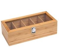 ASelected Bamboo Tea Box, Chest Organiser with 5 Compartments, 30 x 10 x 9 CM Tea Bag Organiser with Acrylic Glass Lid for Spices Coffee Beans Jewellery Storage