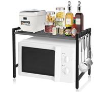 ASelected Expandable Microwave Oven Rack Height Adjustable 2 Tier Kitchen Counter Shelf Rack 6 Hooks Width 40 or 60Cm Black