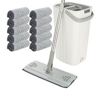 ASelected Flat Mop and Bucket set, Hands Free Squeeze Mop with 10 Reusable Microfiber Mop Pads and Stainless Steel 123cm Long Handle, Microfiber Floor Mop for Tiled, Marble, Hardwood