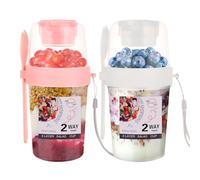 ASelected Pack of 2 Cereal Cups To Go Cereal To Go Cups with Spoon 310 + 560 ml Yoghurt Cup To Go Double Layer Leak-proof Yoghurt Cup Salad Cup for Work School Travel (White + Pink)