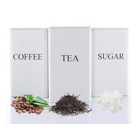 ASelected Tea Coffee Sugar Canisters 3 Piece Metal Food Storage Jars Decorative Tin Easy to Open Airtight Lids for Kitchen Accessories Essentials (White)