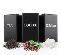 ASelected Tea Coffee Sugar Canisters 3 Piece Metal Food Storage Jars Decorative Tin Easy to Open Airtight Lids for Kitchen Accessories & Essentials (Black)