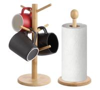 ASelected Wooden Mug Tree with Kitchen Roll Holder, 6 Branch Mug Tree and Wooden Kitchen Roll Holders, Wood Coffee Cup Holder & Kitchens Towel Holders for Kitchens, Home, Restaurant
