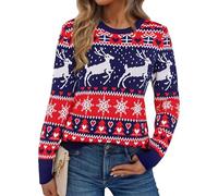 Aseniza Women's Jumpers Christmas Sweater Ladies Xmas Pullover Sweatshirts Knitted Long Sleeve Warm Snowflake Reindeer A-Navy L