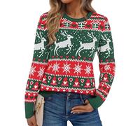 Aseniza Women's Jumpers Christmas Sweater Ladies Xmas Pullover Sweatshirts Knitted Long Sleeve Warm Snowflake Reindeer A-Green L