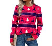 Aseniza Women's Jumpers Christmas Sweater Ladies Xmas Pullover Sweatshirts Knitted Long Sleeve Warm Snowflake Reindeer B-Navy XXL