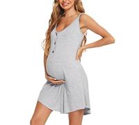 Aseniza Women's Maternity Nightdress Nightwear Nursing Breastfeeding Pregnancy Sleeveless Button Front Pyjamas Loungewear Labour Delivery Nightie for Hospital Gown(L,Grey)