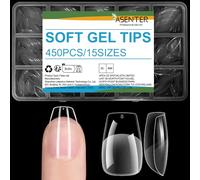 ASENTER Short Coffin Nail Tips, 450Pcs Half Matte Soft Gel, Clear Full Cover Acrylic False Press on Nails for Gel Polish & Nail Extensions, Pre-shaped Fake Nails for Salon and Home DIY, 15 Sizes