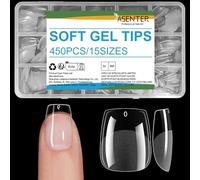 ASENTER XS Coffin Nail Tips, 450Pcs Half Matte Soft Gel, Clear Full Cover Acrylic False Press on Nails for Gel Polish & Nail Extensions, Pre-shaped Fake Nails for Salon and Home DIY, 15 Sizes