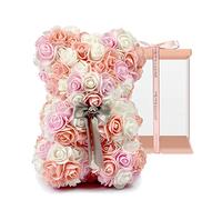 ASENVER Hand Made Artificial Flowers Rose Bear Pure Color for Valentine Birthday and Mother's Day with a 10" Pink Gift Box (Multi Color-Peach Love)