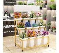 ASerZenith 3-Tier Heavy-Duty Mobile Plant Display Stand With Wheels & Plastic Buckets Easy To Assemble Ideal For Indoor Use Versatile Plant Cart For Flower Arrangement,A