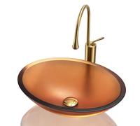 ASerZenith Bathroom Vessel Sink,20" Artistic Glass Bowl Basin With Gold Faucet,Above Counter Oval Shape Sink Pop Up Drain,Rose Red(Orange)
