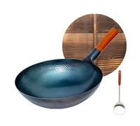 ASerZenith Chinese Traditional Iron Pot, Hand Hammered Cast Iron Wok Stir Fry Pans Round Bottom With Wooden Lid & Handle, No Coating, Less Oil, Non-Stick Pot, One Color, 34cm