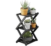 ASerZenith Foldable Stand Indoor Outdoor - Bamboo Free Standing Flower Pot Display Holder Shelf - Folding Tall Plants Rack for Window Garden Balcony Home Decor Living Room(Black-3 Tiers)