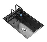 ASerZenith Hidden Sink Handmade Sink Nano Black Single Sink Workstation Sink Undercounter Kitchen Sink With Folding Faucet,Black-72 * 47 * 23Cm
