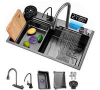 ASerZenith Kitchen Sink Black,304 Stainless Steel Waterfall Kitchen Sink Workstation With Pull Out Mixer Tap Large Single Bowl Sink-45 * 70Cm,45 * 70Cm