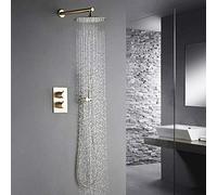 ASerZenith Shower System Bathroom Faucet Brushed Gold Shower Set 2 Dial 2 Way Diverter Thermostatic Control Mixing Valve Rain Shwoer Sets 10 Inch