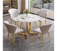 ASerZenith Small Office Reception Room Club Table Farmhouse Kitchen Dining Coffee 5 Piece Round Conference Negotiation Simple And Chair Set,Khaki+Gold-80Cm