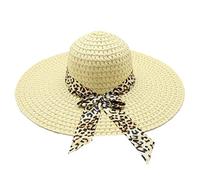 ASESHYPD Sun Hats Women Sun Hat Big Brim Straw Hat Sun Floppy Wide Brim Hats Leopard Ribbon Summer Beach Cap Sombrero (Color : Light Beige)