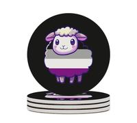Asexual Flag Sheep Round Ceramic Coasters Non-Slip Cork Base Drinks Holder Craft 4PCS