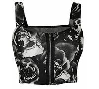 asfashion online Ladies Plain Zip Front Padded Bralet Top Womens Crop Vest Boobtube Skull Rose Print UK 12-14