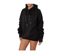 asfashion online Women Ruched Sleeve Pullover Hoodie With Ribbon Ladies Oversized Hooded Sweatshirt (Black UK 20-22)