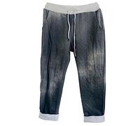 asfashion online Womens Elastic Waist Turn Up Italian Trousers Floral Print Side Pocket Drawstring Summer Pants (Dark Grey Denim UK 20-22)