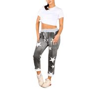 asfashion online Womens Elastic Waist Turn Up Italian Trousers Floral Print Side Pocket Drawstring Summer Pants (Black Denim Star Print UK 12-14)