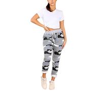 asfashion online Womens Elastic Waist Turn Up Italian Trousers Floral Print Side Pocket Drawstring Summer Pants (Grey Camouflage UK 20-22)