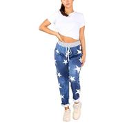 asfashion online Womens Elastic Waist Turn Up Italian Trousers Floral Print Side Pocket Drawstring Summer Pants (Dark Blue Denim Star UK 16-18)