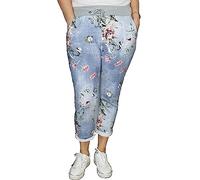 asfashion online Womens Elastic Waist Turn Up Italian Trousers Floral Print Side Pocket Drawstring Summer Pants (Light Denim Petuna Floral UK 8-10)