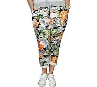 asfashion online Womens Elastic Waist Turn Up Italian Trousers Floral Print Side Pocket Drawstring Summer Pants (Orange Green Rose Print UK 20-22)