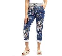 asfashion online Womens Elastic Waist Turn Up Italian Trousers Floral Print Side Pocket Drawstring Summer Pants (Dark Blue Rose Floral Print UK 12-14)