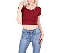 asfashion online Womens Ladies Plain Short Sleeve Crop Top Round Neck Stretch Vest Causal Wear Bra Top Wine S/M (UK 8/10)