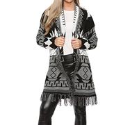 asfashion online Womens Long Sleeve Astec Print Cardigan Ladies Open Front Knitted Tassel Cardigan Long Sweater (Grey/Black UK 14)