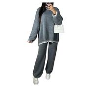 asfashion online Womens Long Sleeve Blanket Stitch Knitted Tracksuit Ladies Knitted Pullover Jumper and Trousers Coord Set (Grey UK 16)