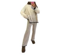 asfashion online Womens Long Sleeve Blanket Stitch Knitted Tracksuit Ladies Knitted Pullover Jumper and Trousers Coord Set (Beige UK 16)