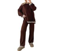 asfashion online Womens Long Sleeve Blanket Stitch Knitted Tracksuit Ladies Knitted Pullover Jumper and Trousers Coord Set (Brown UK 10)