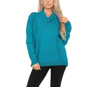 asfashion online Womens Long Sleeve Ribbed Knitted V Neck Jumper Ladies 4 Button Pullover Sweater Top (Turquoise UK 16-18)