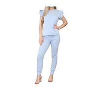 asfashion online Womens Ruffle Frill Short Sleeve Top and Bottom 2Pcs Set Ladies Crew Neck Loungewear Tracksuit (Sky Blue UK 12-14)