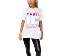 asfashion online Womens Short Sleeve The City of Love Paris Printed T Shirt Ladies Loose Fit Crew Neck Summer Tops (White UK 16-18)