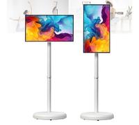 Asfgchh 21.5-Inch Portable TV on Wheels 1080P, Rotating Touchscreen Monitor 100% sRGB,Tablet Screen with Base, Android 14 OS, 6000mAh Battery(6H), Standbyme Rolling White-4+64G
