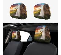 ASFgda 2pcs Car Headrest Iceland Waterfall River Field Sunset Print Cover,Reusable Flexible Headrest Protector,Universal Headrest Anti-Dirty Covers
