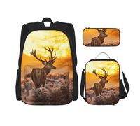 ASFgda Antler Red Deer Print School Backpack Set with Lunch Bag Pencil Case,Durable Lightweight Large Capacity for School Daily Use