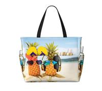 ASFgda Beach Two Pineapples Sea Print Beach Bag,Waterproof Sandproof Beach Tote Bag,Large Capacity Lightweight Foldable Zippered Tote
