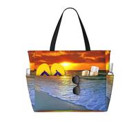 ASFgda Beach With Sunset Print Beach Bag,Waterproof Sandproof Beach Tote Bag,Large Capacity Lightweight Foldable Zippered Tote