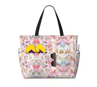 ASFgda Beautiful Pink Flower Print Beach Bag,Waterproof Sandproof Beach Tote Bag,Large Capacity Lightweight Foldable Zippered Tote